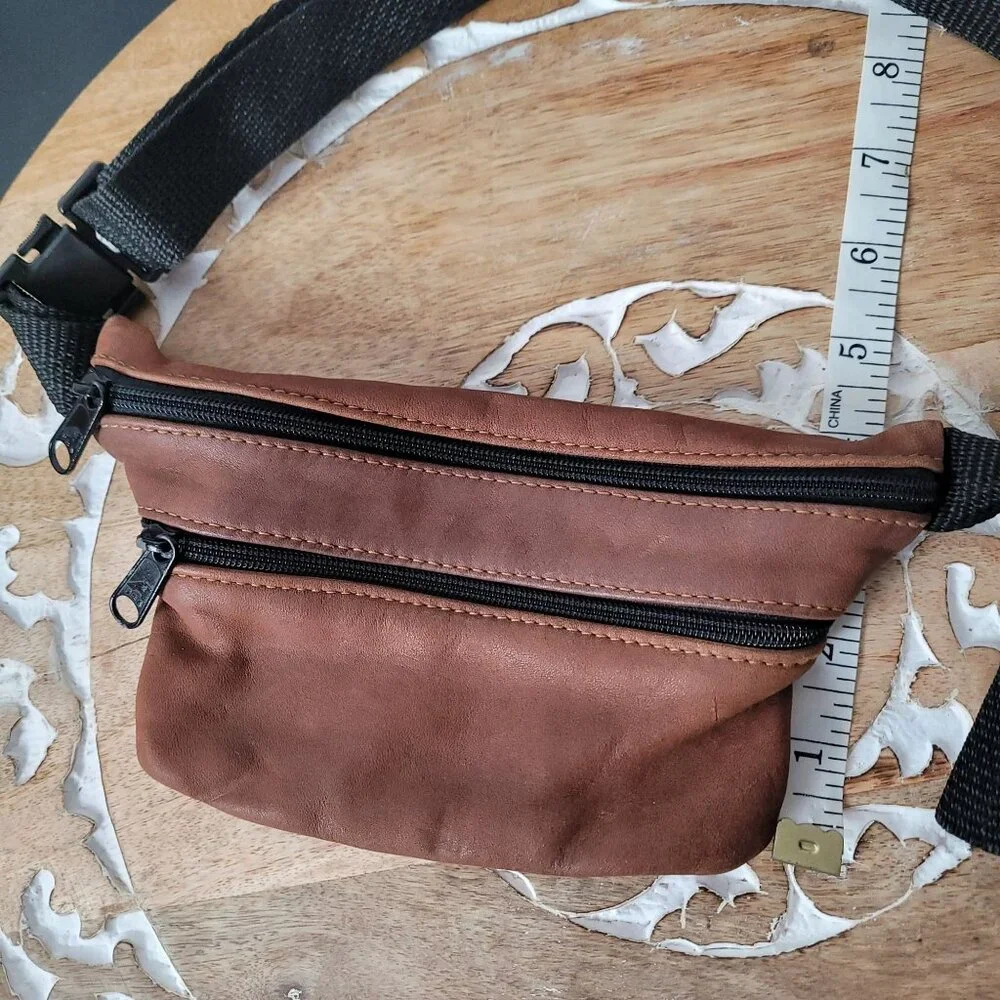 AmeriBag Vintage Brown Leather Fanny Pack Adj Black Strap & Dual Zipper Compartm - Picture 9 of 10